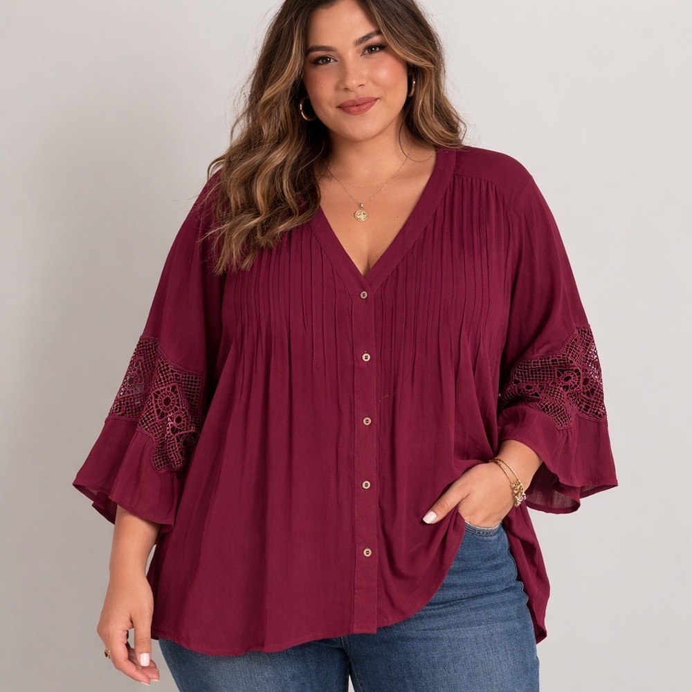 Cato Womens Plus 22/24W Burgundy Crochet Lace Bell Sleeve Pintuck Tunic Blouse
